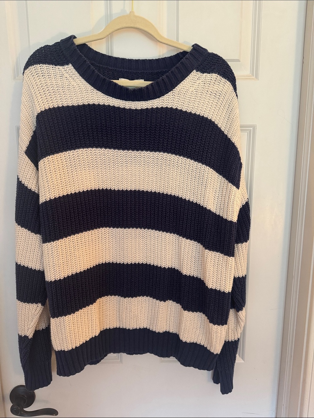 American Eagle Outfitters Navy and Cream Striped Crewneck Sweater